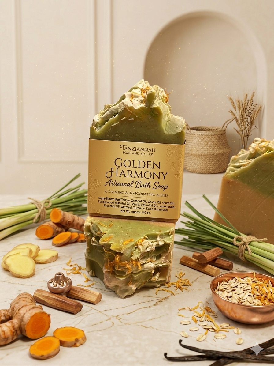Title: Golden Harmony Artisanal Bath Soap